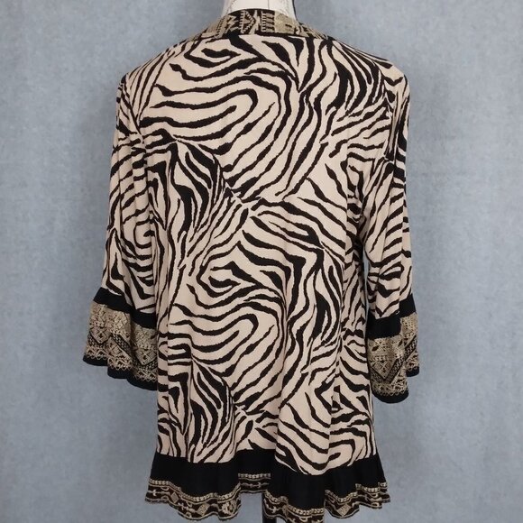 Caleaaa | Embroidered Zebra Print Tunic Blouse Top Black Tan | Size M - Picture 7 of 9